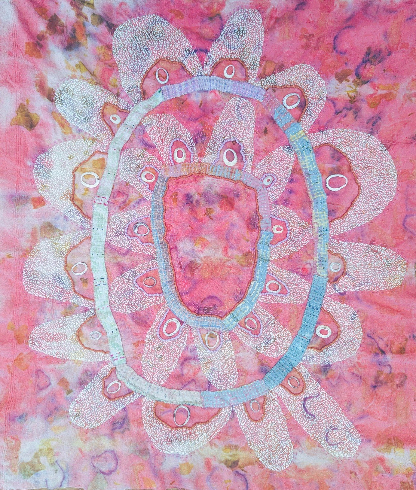 Inner Flower: slow stitch, limpets and antique kantha on botanically dyed raw silk