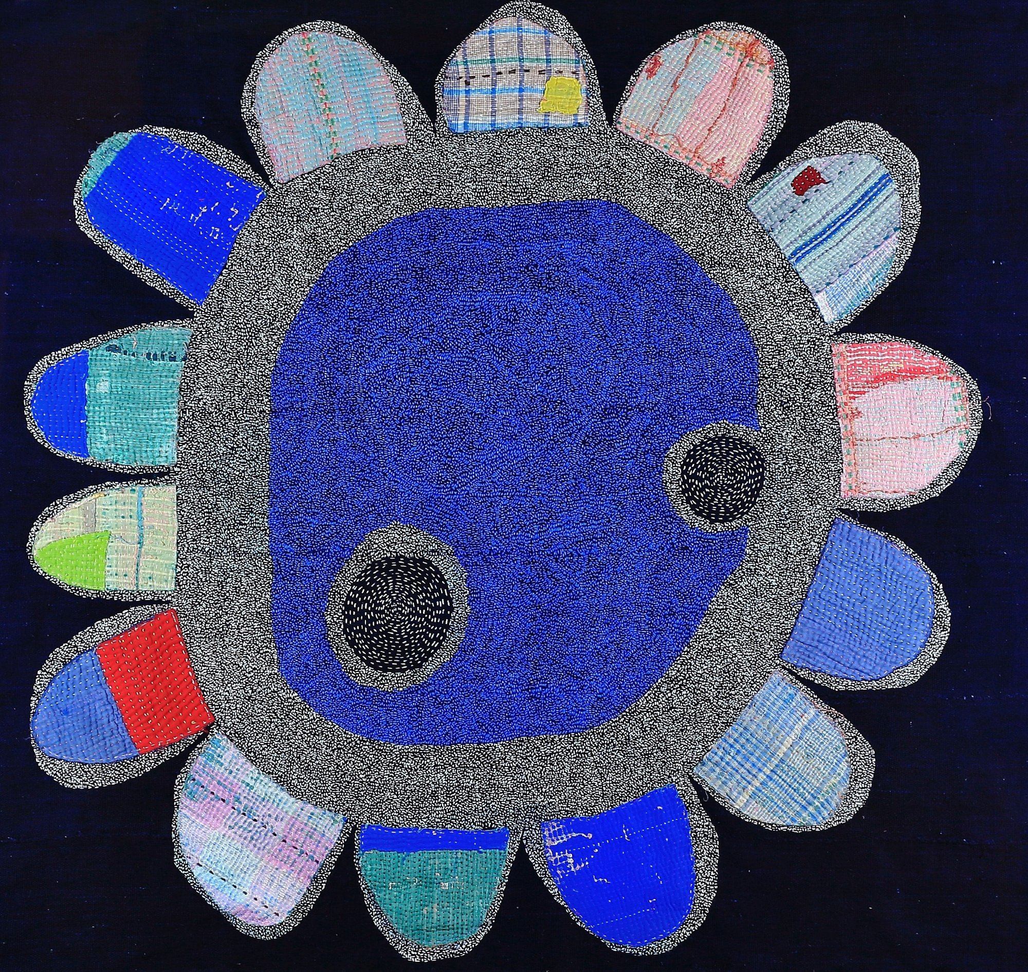 Giant Flower: slow stitch on antique kantha and indigo mud cloth